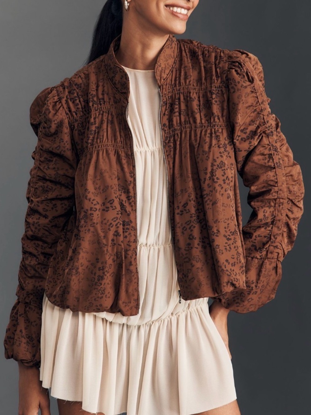 Anthropologie Ruched Collared Jacket Brown Cheetah Print Casual Chic Size XL New
